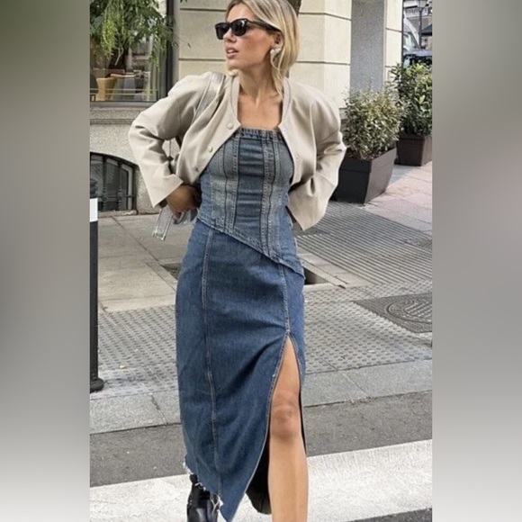 Zara Dresses & Skirts - Zara NWT Distressed Navy Denim Strapless Midi Dress w/ Side Slit (Size XS)